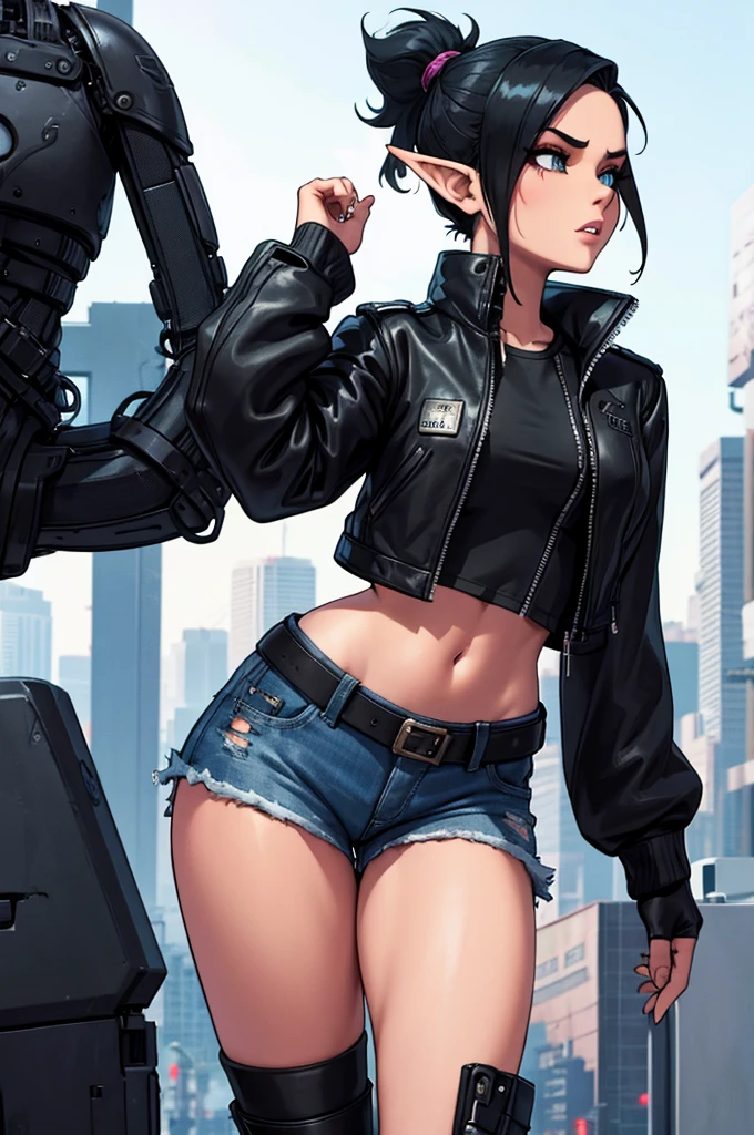 Shadrowrun girls, cyberpunk style, sexy elf girl, torn tights, short denim shorts, black leather jacket, cyber implants, shaved hair, hair pulled back into a ponytail with shaved temples