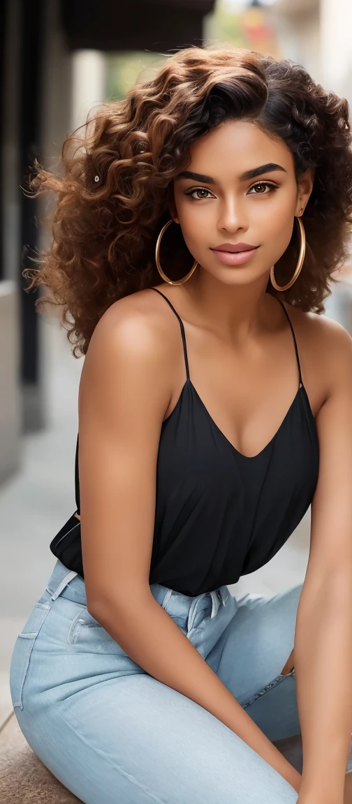 The image features a young woman with a confident and relaxed demeanor, sitting outdoors on a paved surface with a lush green landscape and a cloudy sky in the background. She has dark, curly hair that frames her face, and she is wearing large hoop earrings. The woman is dressed in a burgundy sleeveless blouse and white pants. Her pose is thoughtful, with one arm resting on her knee and the other supporting her head, creating a sense of contemplation. She is wearing beige high-heeled shoes, and the overall mood of the image is serene, with the contrast between her colorful outfit and the soft tones of the background adding depth to the scene. The woman's face is striking and expressive, with smooth, medium-brown skin that glows subtly against the cloudy sky. Her features are well-defined: she has dark, arched eyebrows that frame her eyes, which are slightly lowered in a thoughtful gaze. Her eyes are accentuated by long, dark lashes, and her gaze is direct, with an intensity that suggests deep thought. Her nose is thin and symmetrical, and her full lips are naturally shaped, with a soft, neutral expression.
Her curly hair is voluminous and textured, cascading around her face in tight, natural curls. The curls are well-defined, with a rich, dark brown color that appears almost black. The texture of her hair adds a sense of depth and movement to the image, framing her face beautifully and drawing attention to her features. Her hair has a healthy shine, subtly catching the light, which highlights the natural curl pattern and adds an overall elegance to her appearance.