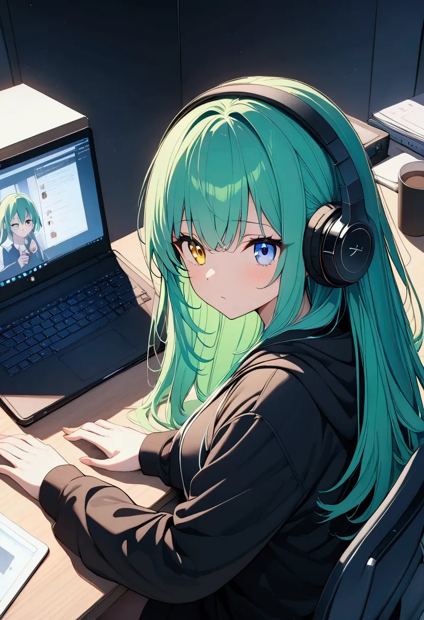 (((anime))) one woman,i am using the computer on my desk,hands on the keyboard,long hair,(green hair),bangs parted in the center...