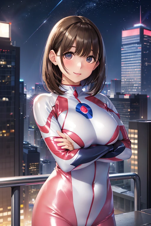 anegasaki nene、Shiny brown hair, short hair, (Beautiful brown eyes、Sparkling eyes, Fine grain)、smile、Ultra-detailed eyes、Highly detailed face, Highly detailed eyes,Cowboy Shot、



(Cowboy Shot、Very close)、((Focus on the upper body))、(((16K、masterpiece、High resolution、High resolution)))、
1 young girl))、((Beautiful Hair))、short hair、((Beautiful Eyes))、、Smiling Kindly、blush、Pink Lip Gloss,((Ultraman Cosplay、Shiny Rubber Suit))、((Skyscraper rooftop at night))、((Arms crossed behind back、Accentuate your breasts))