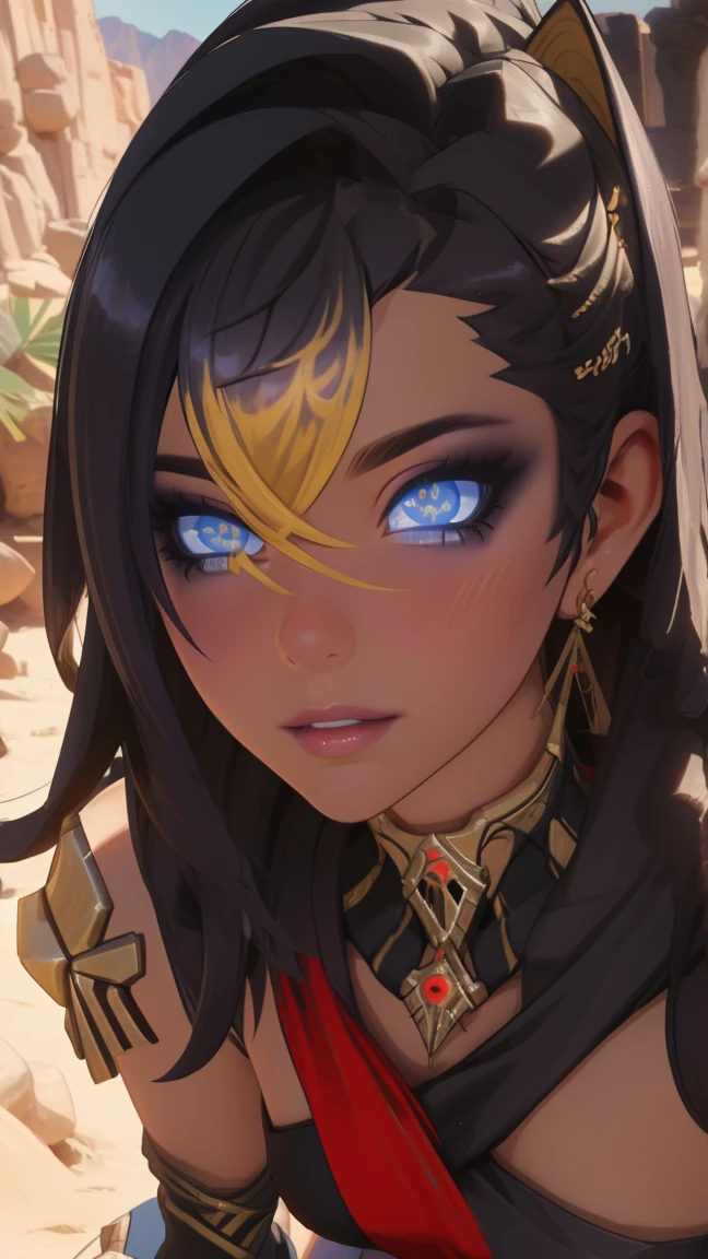 (masterpiece:1.2), best quality, high resolution, unity 8k wallpaper, (illustration:0.8), (beautiful detailed eyes:1.6), extremely detailed face, perfect lighting, extremely detailed CG, (perfect hands, perfect anatomy), leaning forward showing her chest, sexy, NSFW, blush, looking at viewer, small boobs, sexy pose, (in a twilight oasis), (ancient desert)