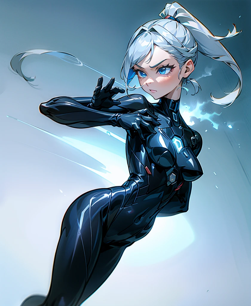 (very good, Professional, Surreal), She is wearing a black bodysuit, The suit has blue energy lines, Silver Hair, ponytail, blue eyes, Simple Background