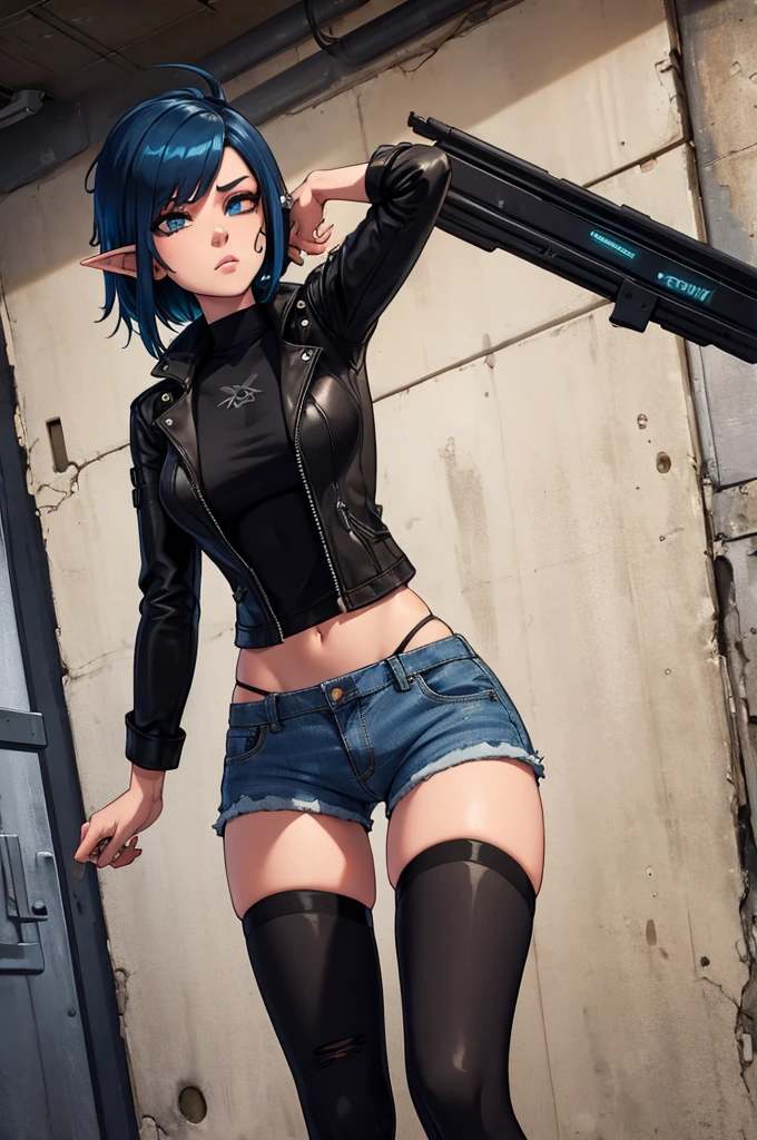 Shadrowrun girls, cyberpunk style, sexy elf girl, torn tights, short denim shorts, black leather jacket, cyber implants, shaved hair, undercut hairstyle