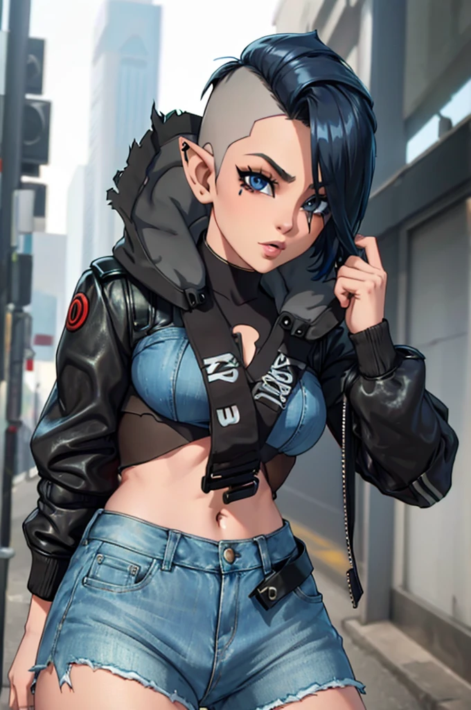 Shadrowrun girls, cyberpunk style, sexy elf girl, torn tights, short denim shorts, black leather jacket, cyber implants, shaved hair, undercut hairstyle, undercut hair