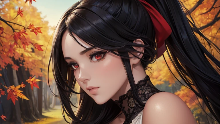 Red eyes, (Highest quality, masterpiece painting:1.3), Immature woman, , (Half Body Shot), masterpiece, Ultra-high resolution, (Photorealistic:1.0), Black Hair, ponytail, Straight hair, Beautiful and shiny hair, White and glowing skin, ((Ultra-Realistic Details)), Octane Rendering, Highly detailed face, (Big Breasts:0.8), She wears a stunning outfit inspired by the Belle Epoque style, A flowing black dress decorated with lace and ribbons, (clothing: Black Belle Epoque dress with lace and ribbons),Cleavage, Perfect body, Soft Skin, Anime Face, Perfect Face, Perfect Eyes, Looking at the audience, Smart, Autumn leaves under the tree background, Autumn leaves falling, Outdoor,shrine, Sharp focus, Intricate details, Professional artwork, (Bright colors:1.1), Bright colors, diffused Lighting, Digital Blending, Ultra high definition body, Super detailed hair, Highly detailed face, that&#39;that&#39;Trending on pixiv, Open the top button, Cute gaze, Compensate, Perfect Lips, perfect Compensate, Ultra-precision coating,  (Light_smile:0.8), (Very embarrassed:1.2), Blushing your nose,,Perfect body、(((1 female)))、(((Beautiful and accurate five fingers)))