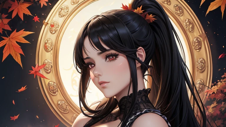 Red eyes, (Highest quality, masterpiece painting:1.3), Immature woman, , (Half Body Shot), masterpiece, Ultra-high resolution, (Photorealistic:1.0), Black Hair, ponytail, Straight hair, Beautiful and shiny hair, White and glowing skin, ((Ultra-Realistic Details)), Octane Rendering, Highly detailed face, (Big Breasts:0.8), She wears a stunning outfit inspired by the Belle Epoque style, A flowing black dress decorated with lace and ribbons, (clothing: Black Belle Epoque dress with lace and ribbons),Cleavage, Perfect body, Soft Skin, Anime Face, Perfect Face, Perfect Eyes, Looking at the audience, Smart, Autumn leaves under the tree background, Autumn leaves falling, Outdoor,shrine, Sharp focus, Intricate details, Professional artwork, (Bright colors:1.1), Bright colors, diffused Lighting, Digital Blending, Ultra high definition body, Super detailed hair, Highly detailed face, that&#39;that&#39;Trending on pixiv, Open the top button, Cute gaze, Compensate, Perfect Lips, perfect Compensate, Ultra-precision coating,  (Light_smile:0.8), (Very embarrassed:1.2), Blushing your nose,,Perfect body、(((1 female)))、(((Beautiful and accurate five fingers)))