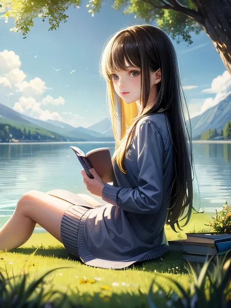 girl reading a book by the lake,beautiful girl, bright colors, spring, comfortable, warm sunshine, soft effect,