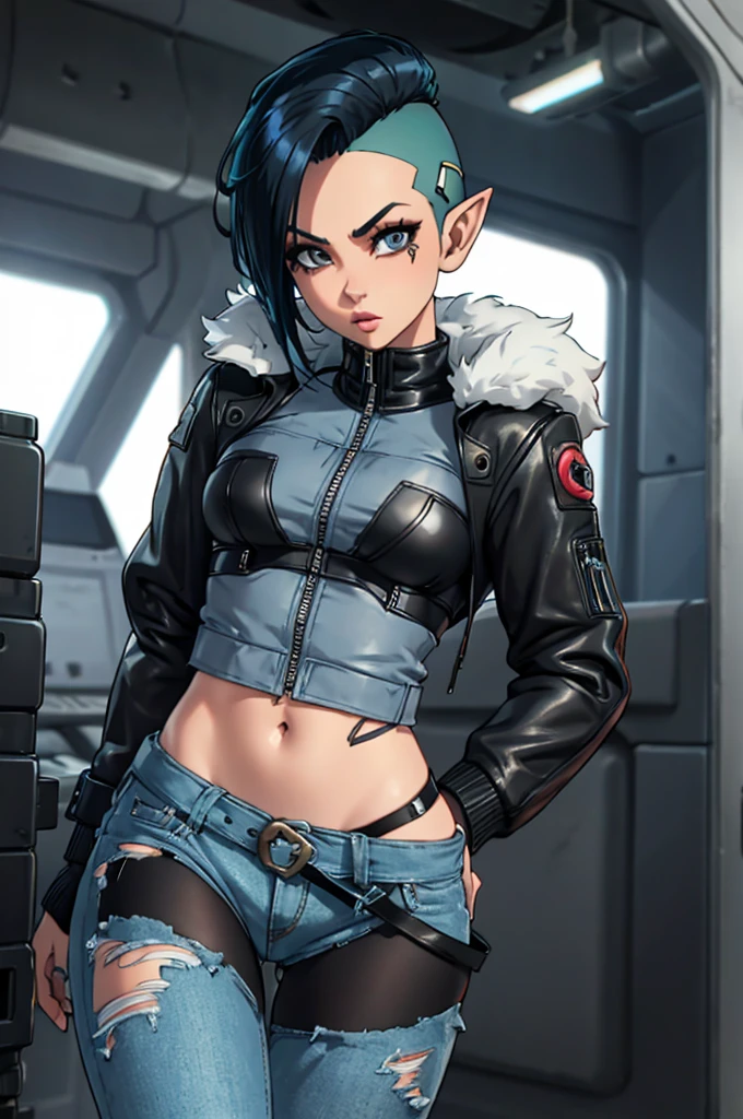 Shadrowrun girls, cyberpunk style, sexy elf girl, torn tights, short denim shorts, black leather jacket, cyber implants, shaved hair, undercut hairstyle, undercut hair