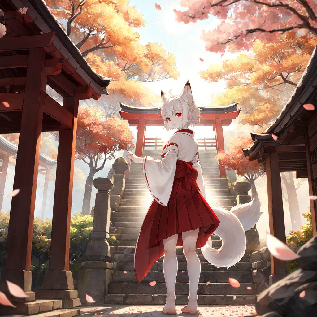 fox girl,  cam shot showing off her pussy 
short hair,white hair,wolf ears,
red eyes,
expressionless,
detached sleeves,long sleeves,wide sleeves,white kimono,red hakama pleated miniskirt,tail,
BREAK
sun glare, bokeh, depth of field,light particles, strong wind,
sky,Shrine, stone stairs, falling cherry petals,