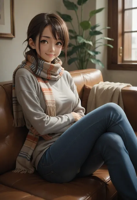 bell, anime, brown hair, medium breast, brown eyes, slight smile, jeans, scarf, gray sweatshirt, blue pants, sitting, legs cross...