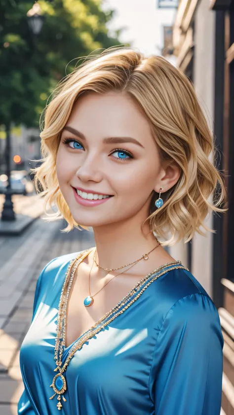 super resolution、beautiful caucasian woman、short haircut、wavy hair、blonde hair、blue eyes、smile、beautiful teeth alignment、necklac...