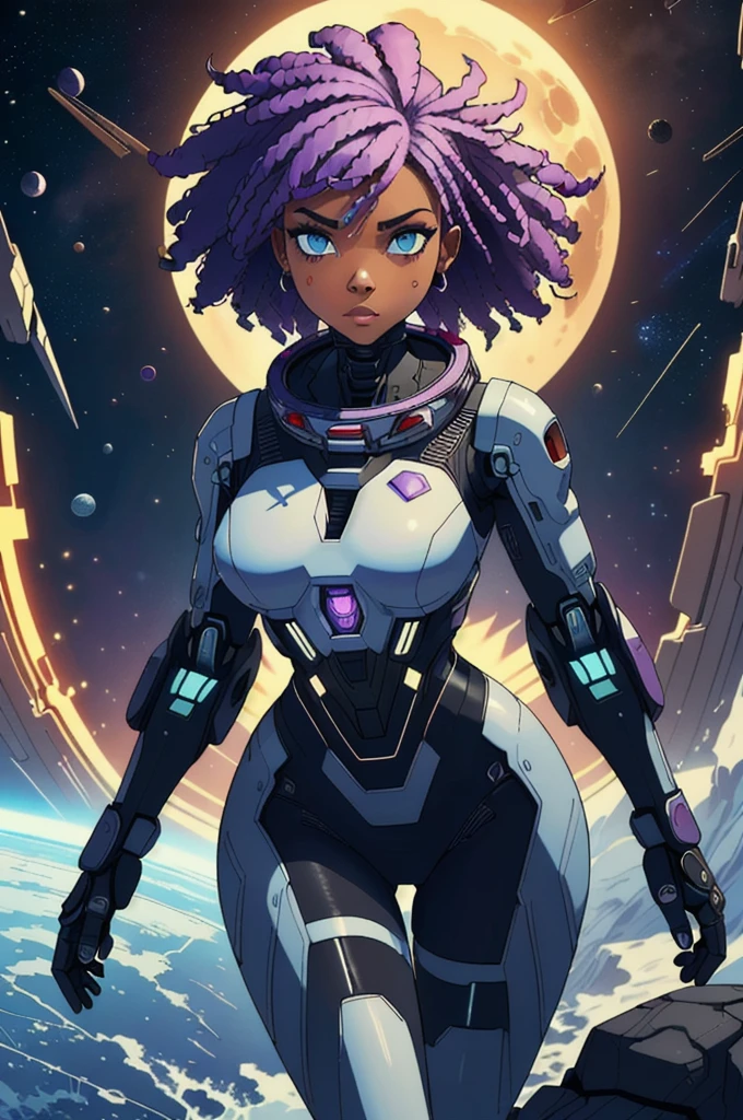 (masterpiece, top quality, best quality, official art, afro warrior very beautiful and gorgeous, super sexy and aesthetic:1.2), (1ebony intense erotic girl in action), (fractal art:1.2),absurdres, highres, ultra detailed, Ultra-precise depiction, Ultra-detailed depiction, solo, (zentangle:1.2), red eyes, floating purple hair, (skinny, thin body: 1.2), tanned skin, shiny skin, big ass, (abstract:1.2),cbpkv5, pantyhose,looking at viewer, full best body, sensual cyberpunk astronaut robot, complex muscular robot, halo, in a mistery, dangerous and savage planet in a sci-fi very intense space battle