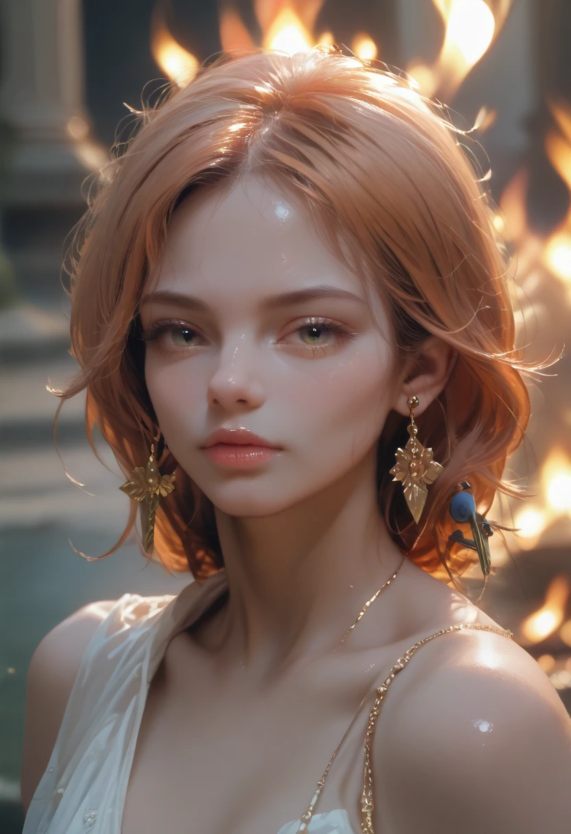 Best quality,masterpiece,ultra high resolution,(photorealistic:1.4)1 girl,Beautiful_face,detailed skin,whole body,Yuhuoshu,Jewelry,One,earrings,(fire:1.3),Blurred,realistic,lips,