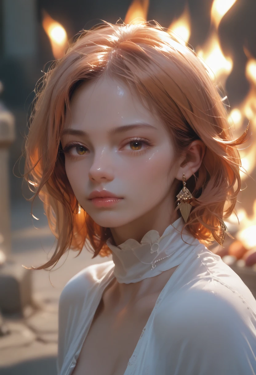 Best quality,masterpiece,ultra high resolution,(photorealistic:1.4)1 girl,Beautiful_face,detailed skin,whole body,Yuhuoshu,Jewelry,One,earrings,(fire:1.3),Blurred,realistic,lips,