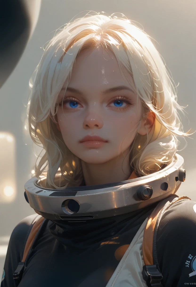 woman with ,golden-white hair,Blue eyes,,,black spacesuit