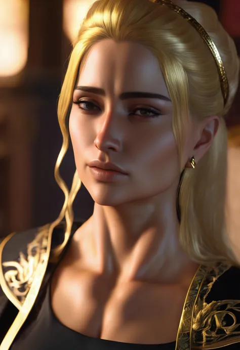 thicc mommy blonde queen marika of elden ring one sided hair covering one eye, with stripped black robes and gold hip chain ,bes...