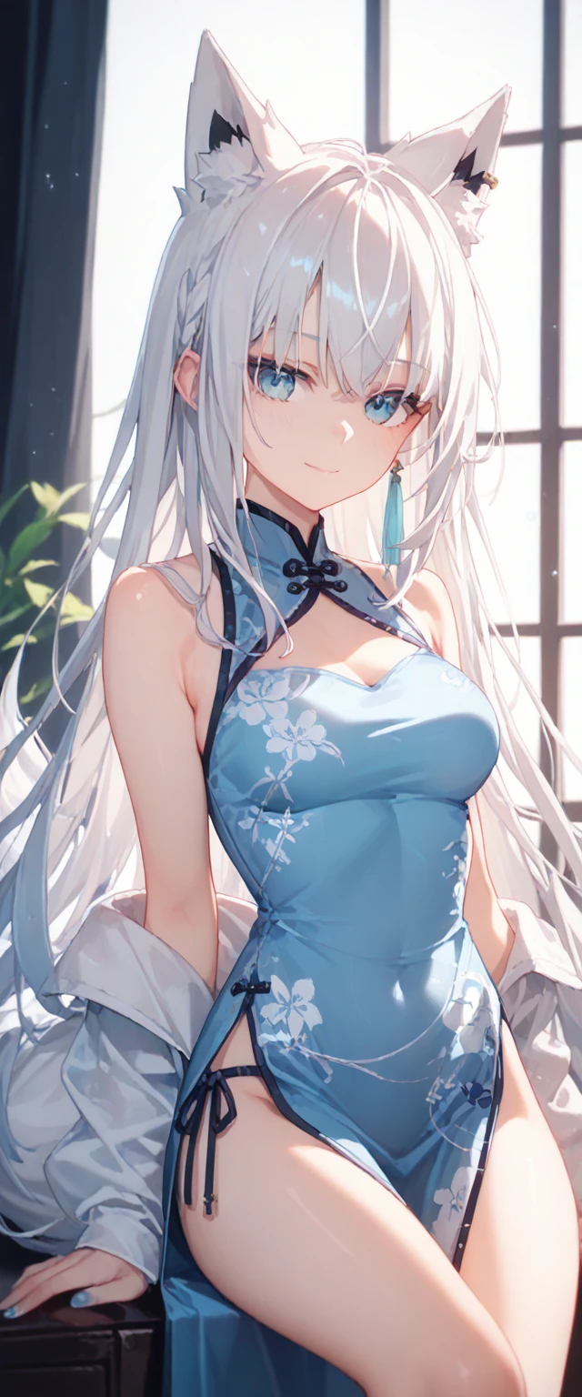 (musterpiece), (best quality), 1 girl, solo, vtuber style, cool girl, hololive, vtuber, Shirakami Fubuki, white hair, long hair, blue eyes, fox ears, fox tail, medium chest, cheongsam, light smile,
