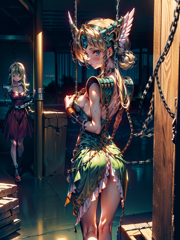 (masterpiece, Highest quality:1.2), Cowboy Shot, alone, one person, Riesz,  View your viewers,, Long hair tied low, Winged Helmet,green dress, armor, shoulder armor, Bridal Gauntlet, Cleavage,(In a prison with iron bars:1.4),(The whole body is restrained with chains:1.8),(A girl touches my chest from behind:1.6),(2girls:1.6)