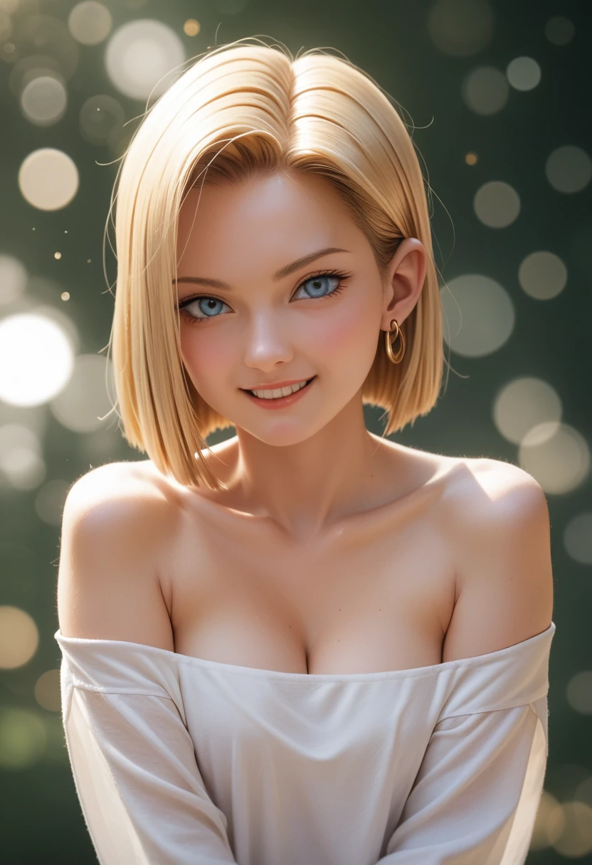 android 18, ( upper body closeup photo ), ( bokeh effect ), (cowboy shot), very seductive, seductively pose, smiling, cute, very cute, ultra high definition, work of art, Ultra-high quality, ultra detailing, 8k, nua sexy, humida, Off The Shoulder, humida biquíni branco
