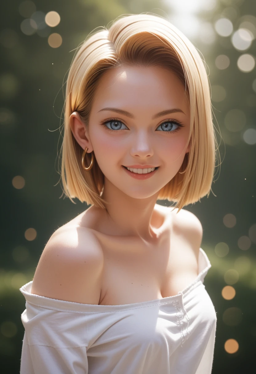 android 18, ( upper body closeup photo ), ( bokeh effect ), (cowboy shot), very seductive, seductively pose, smiling, cute, very cute, ultra high definition, work of art, Ultra-high quality, ultra detailing, 8k, nua sexy, humida, Off The Shoulder, humida biquíni branco
