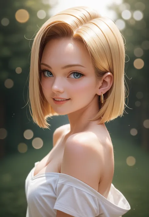 android 18, ( upper body closeup photo ), ( bokeh effect ), (cowboy shot), very seductive, seductively pose, smiling, cute, very...