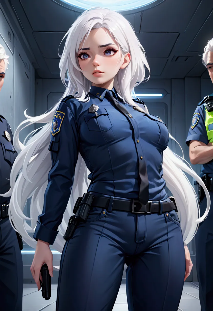 an adult futa with white hair, skilled in police, you can see the shape of his penis through his pants