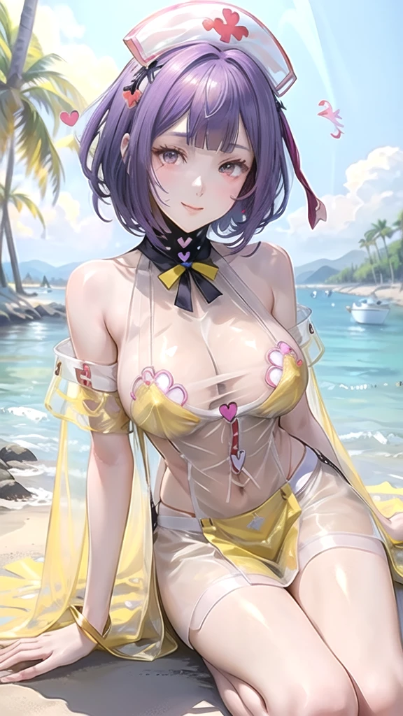 (((masterpiece, ultra HD, 8K quality))), (((clear and bright image))), anime, 1 woman, (((beautiful woman))), (((shining purple short hair))), (((shining attractive eyes))), ((((yellow eyes))))), (((eye highlights))), ((very long eyelashes)), (((very large breasts))), cleavage, (((beautiful sexy pose))), looking at the viewer, navel, (((cute smile))), water, thighs, bare shoulders, front tie top, arm support, narrow, ((((see-through Love uniform and Nurse cap with heart symbol)))), bare feet, collarbone, neck ribbon, halter neck, water's edge, (((summer beach in the background)))
