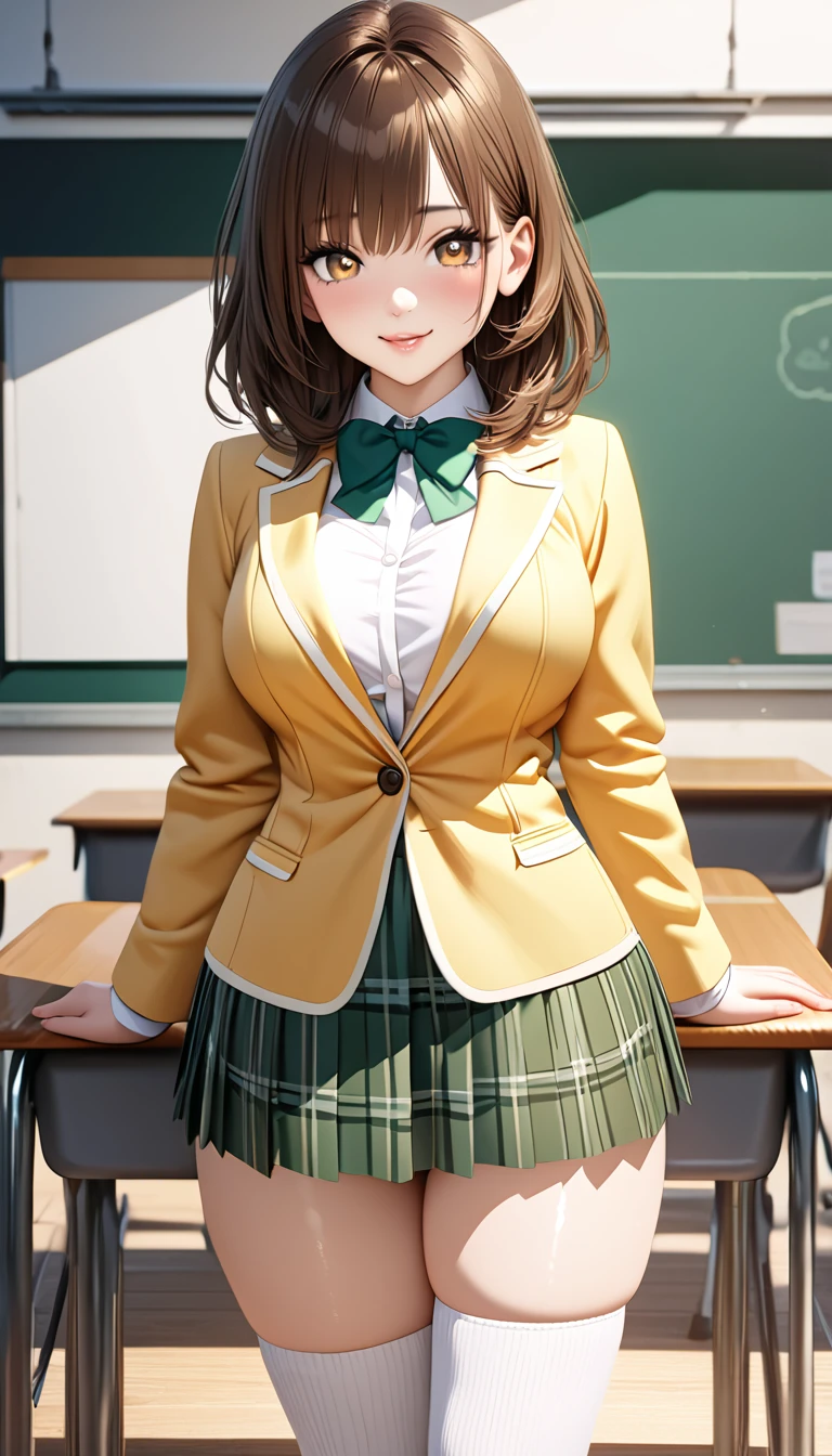 (masterpiece,ultra-detailed,best quality,8K,CG,realistic,illustration:1.2),(perfect-composition,detailed beautiful face,Clean skin,photographical skin,shiny skin,shiny hair, photographical hair,ultra detailed eyes,shaved,kawaii,uncensored:1.1),smile,medium hair, 1girl, solo, brown hair, brown eyes,large breast,winter school uniform, green bowtie, white shirt, yellow blazer, buttoned blazer,plaid skirt, green skirt,thigh socks,blushing,seductive face, glossy lips ,standing ,arms spread,classroom,side view