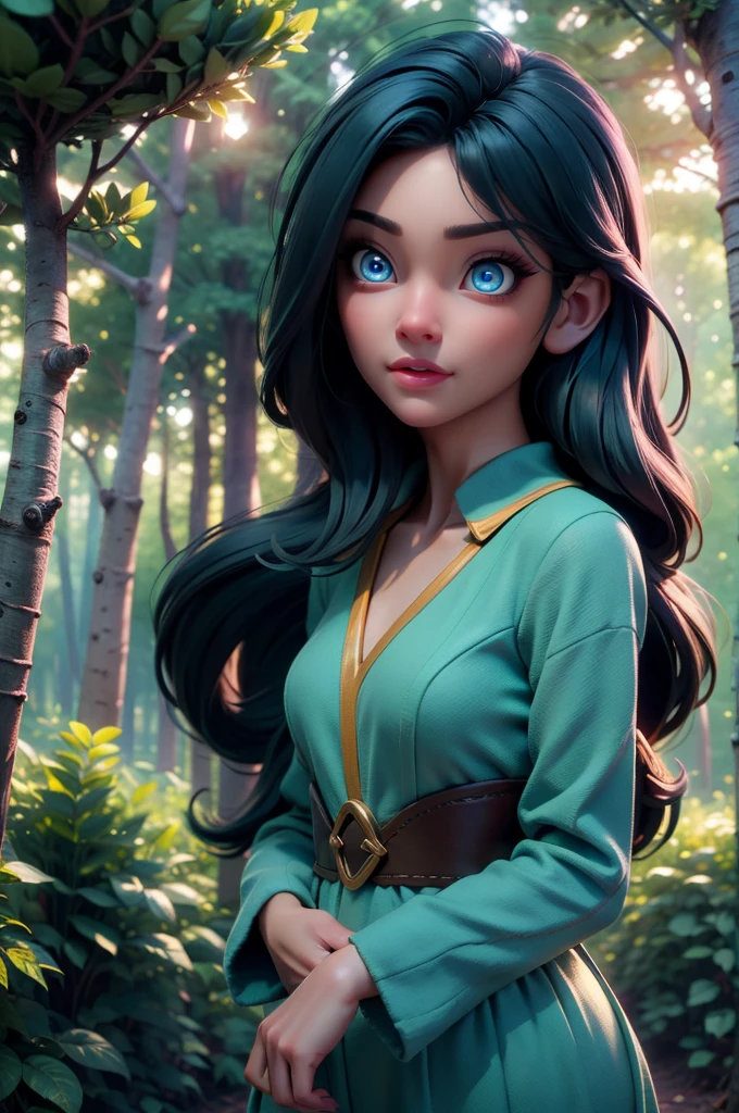 A masterpiece captures a beautiful long-haired girl dressed in guild adventurer attire.  She finds herself in an enchanting forest setting, interacting with the elements of the environment.  The foreground is filled with bright, blurred leaves, beautiful colorful flowers and fireflies.  The background scenery features glowing bushes, grasses, flowers, luminous trees and squirrels on the ground.  The beautiful girl with long hair and adventurous clothes is also part of this plan.  The background is composed of a dense dark green forest.  The composition is three-dimensional, providing ultra-high quality, maximum 16K resolution and anime style.  3D perspective is emphasized to create a dynamic and natural work of art.  The camera uses dynamic angles to masterfully capture the scene, enhancing the ethereal atmosphere.  Soft lighting, with cinematic touches, lends a touch of magic to the scene, while elements such as blue, green and yellow luminosity, softness and particles add a creative and dynamic touch.  The mineral tone, octane rendering and professional post-production add a unique and sophisticated style to the scene.