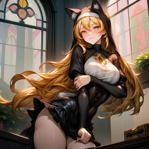 anime girl, 1 anime girl, long blonde hair, golden eyes, glowing eyes, nun habit, black corset, short skirt, black lace stocking...