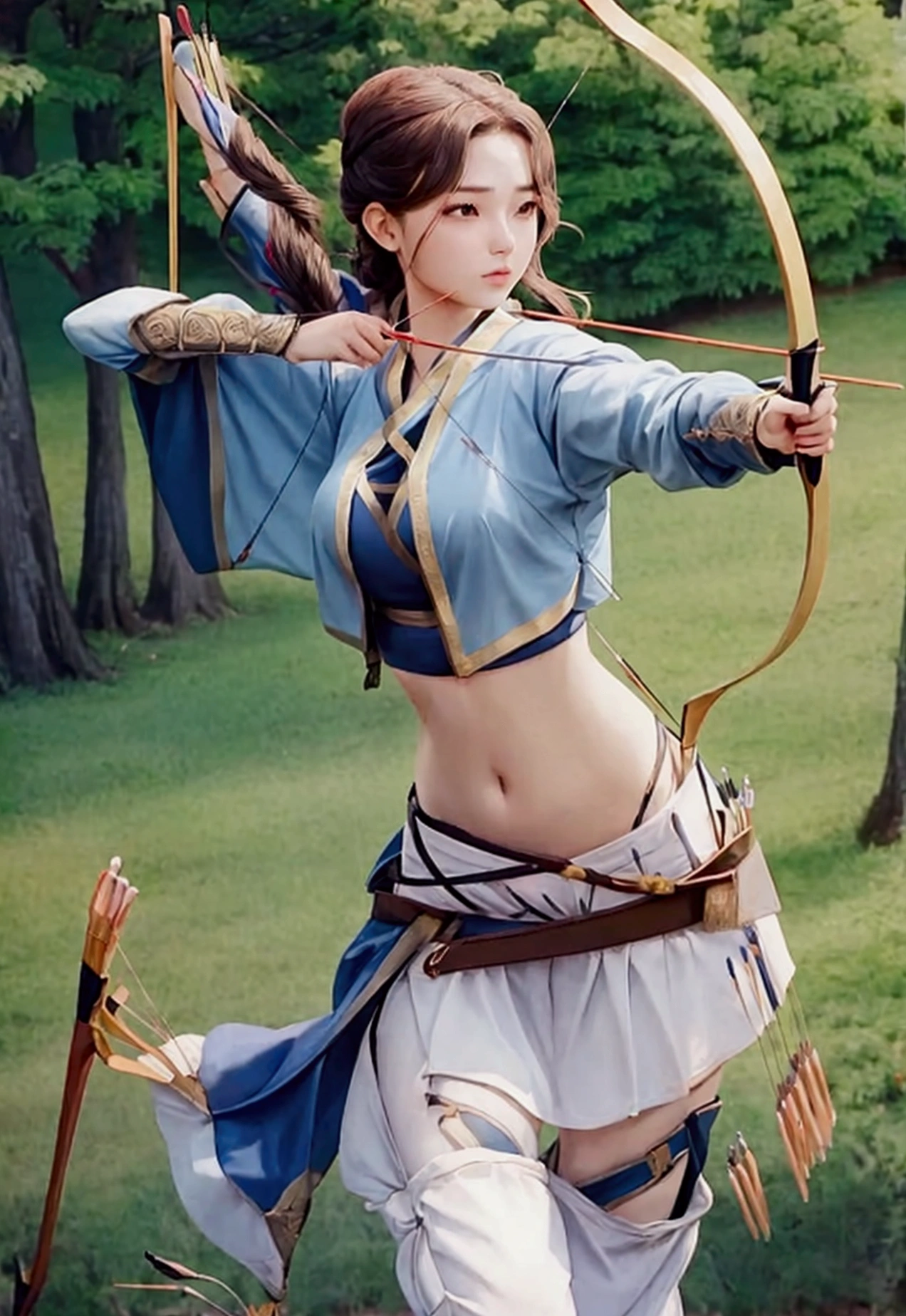 girl in crop top shirt , Archery,  (open navel), bow, arrow