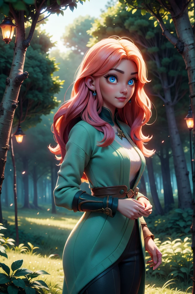 A masterpiece captures a beautiful long-haired girl dressed in guild adventurer attire.  She finds herself in an enchanting forest setting, interacting with the elements of the environment.  The foreground is filled with bright, blurred leaves, beautiful colorful flowers and fireflies.  The background scenery features glowing bushes, grasses, flowers, luminous trees and squirrels on the ground.  The beautiful girl with long hair and adventurous clothes is also part of this plan.  The background is composed of a dense dark green forest.  The composition is three-dimensional, providing ultra-high quality, maximum 16K resolution and anime style.  3D perspective is emphasized to create a dynamic and natural work of art.  The camera uses dynamic angles to masterfully capture the scene, enhancing the ethereal atmosphere.  Soft lighting, with cinematic touches, lends a touch of magic to the scene, while elements such as blue, green and yellow luminosity, softness and particles add a creative and dynamic touch.  The mineral tone, octane rendering and professional post-production add a unique and sophisticated style to the scene.