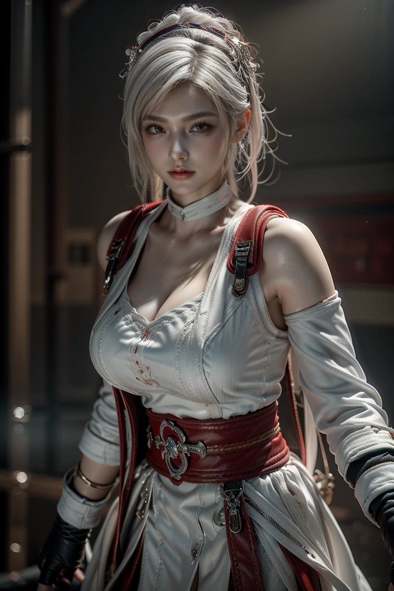 Masterpiece,Game art,The best picture quality,Highest resolution,8K,(A bust photograph),(Portrait),(Head close-up),(Rule of thirds),Unreal Engine 5 rendering works,
20 year old girl,Short hair details,With long bangs,(white hair),red eyes,Elegant and elegant,(Large, full breasts),(Wearing a white coat,Red suspender underwear),shut your mouth,serious yet charming,(scholar),photo poses,Sci-fi style laboratory,white room,
Movie lights，Ray tracing，Game CG，((3D Unreal Engine))，OC rendering reflection pattern