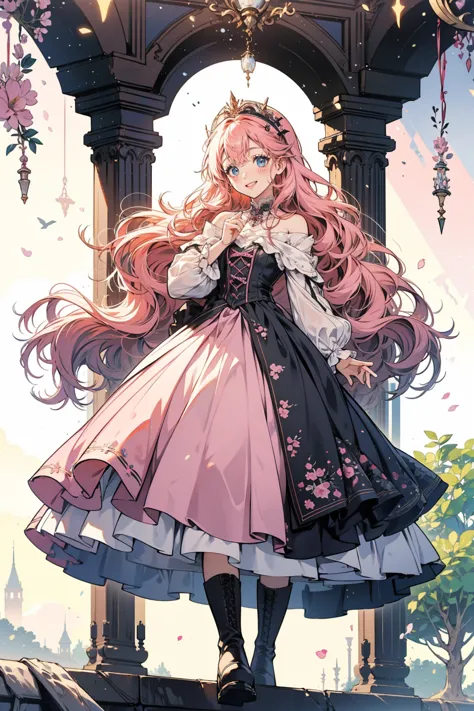 anime style、storytelling、、beautiful girl、とてもcute天使、pink gothic dress、cute、baby face、smile、long skirt、black long boots、very cute ...