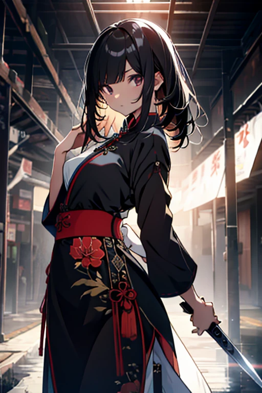 high resolution, black hair, qipao, tiny breasts, dagger, hold a sword, Mystical Pose