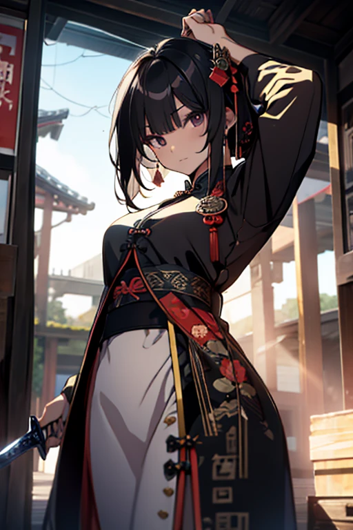 high resolution, black hair, qipao, tiny breasts, dagger, hold a sword, Mystical Pose