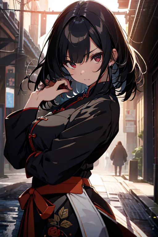 high resolution, turn to face the front, black hair, qipao, tiny breasts, dagger, hold a sword, Mystical Pose