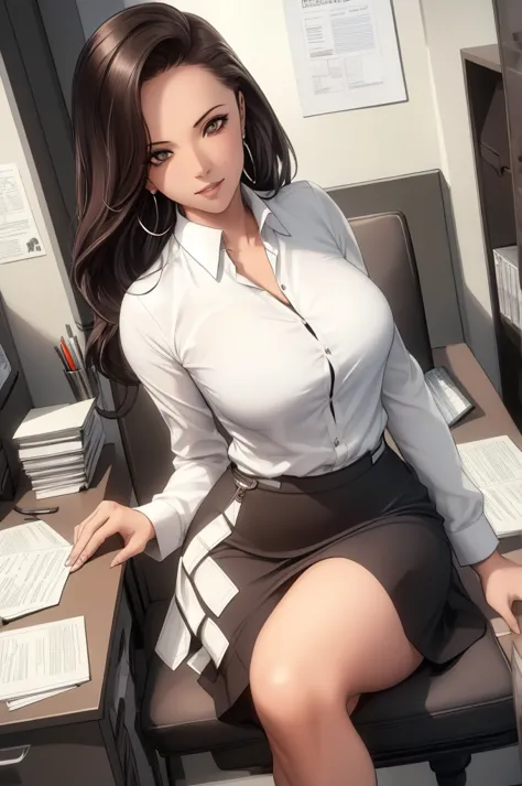 a woman sitting in an office, a white wall, a gray table, poster on wall, ))), ((best quality)), ((intricate details)), ((hyper-...