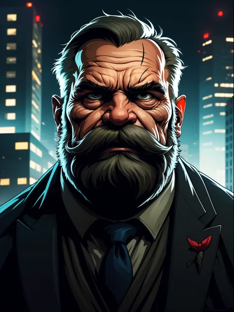 a portrait of an old man wearing a suit, upperbody, standing in a city background, (mwvector), vector, thick mustache, long bear...