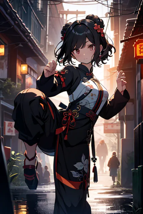 high resolution, turn to face the front, black hair, qipao, tiny breasts, dynamic pose, kung-fu