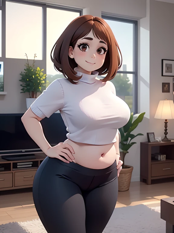 high quality, best quality, beautiful, perfect lighting, detailed face, mature face, ((1girl)), ((solo)), Imagine Ochaco Uraraka as an milf, 45yo, short brown hair, brown eyes, ((blush)), smile, looking at viewer, black leggings, turtleneck sweater, ((medium breasts), wide hips, thick thighs, plump figure, love handles, muffin-top, round belly, protruding gut,  living room, hands on hips,
