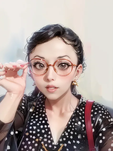 arafed woman wearing glasses and a polka dot dress, wearing thin large round glasses, wearing small round glasses, 8k selfie pho...