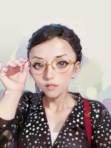 arafed woman wearing glasses and a polka dot dress, wearing thin large round glasses, wearing small round glasses, 8k selfie pho...