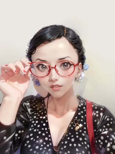 arafed woman wearing glasses and a polka dot dress, wearing thin large round glasses, wearing small round glasses, 8k selfie pho...