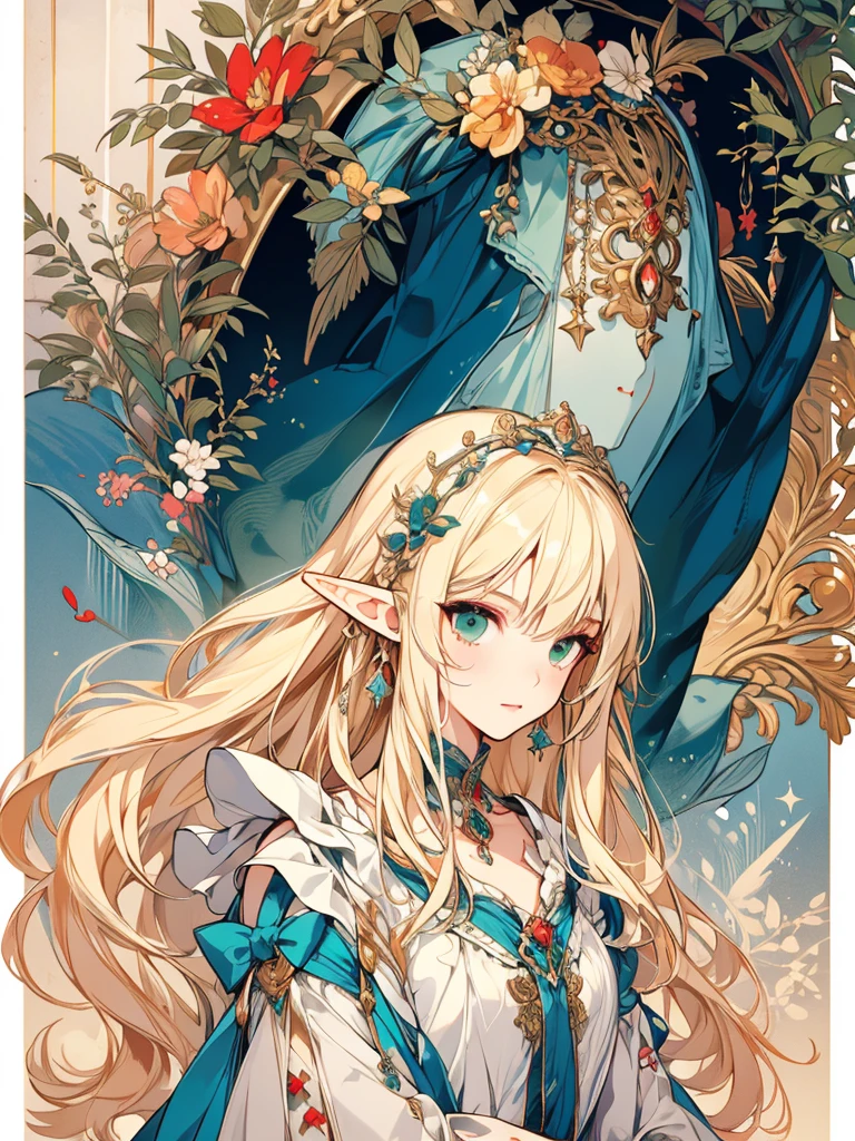 masterpiece, best quality, 1girl, ultra detailed, ultra highres, well-definded facial features, anatomically correct, cute girl, long pointy ears, elf, nice face,blonde hair, green eyes, mole ungereye, flamenco dress, art deco,