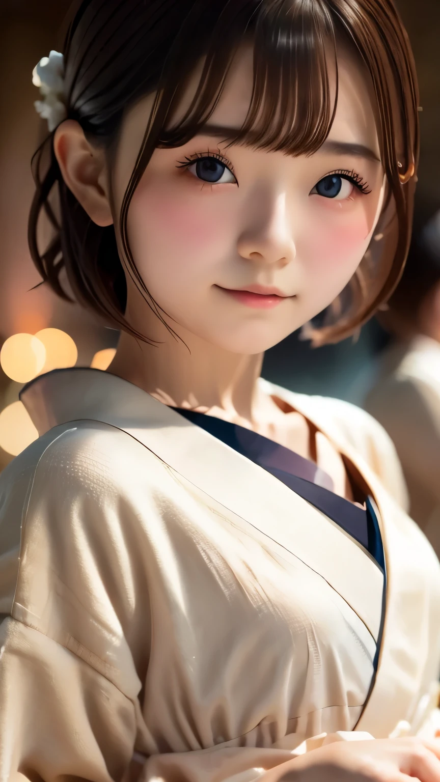 Cute young girl wearing yukata at fireworks festival, Very detailed, High resolution, (realism:1.4), Original photo, 1 girl, Brown eyes, Short brown hair in a bob cut, Gentle bust, Full Body Shot, , , Delicate features, Cinema Lighting, The yukata is flapping