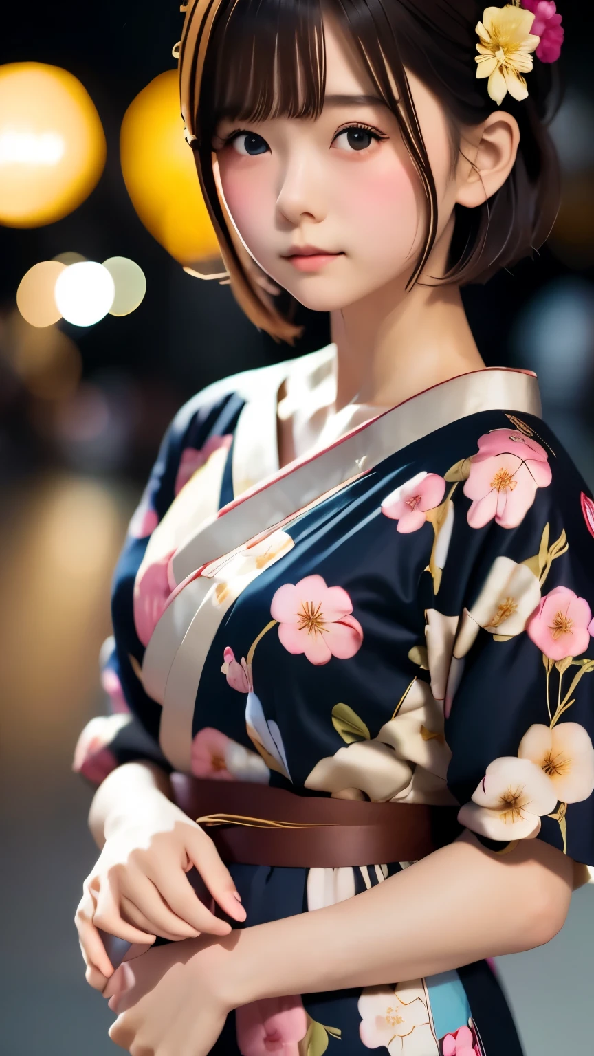 Cute young girl wearing yukata at fireworks festival, Very detailed, High resolution, (realism:1.4), Original photo, 1 girl, Brown eyes, Short brown hair in a bob cut, Gentle bust, Full Body Shot, , , Delicate features, Cinema Lighting, The yukata is flapping