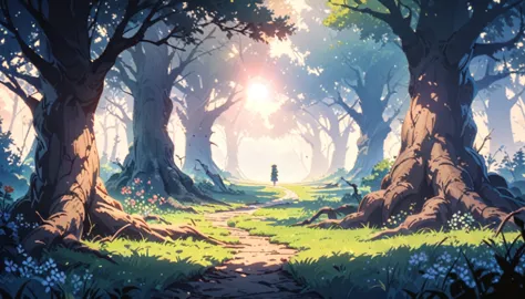 anime aestetic, anime landscape, at the edge of the road stands a huge oak tree with broken branches and bark covered with old s...