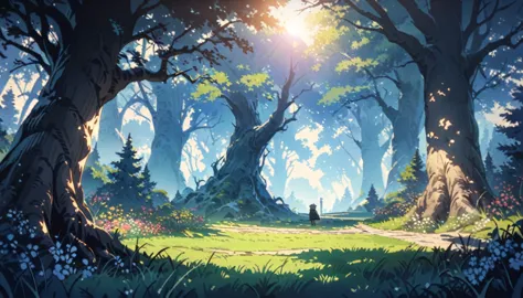 anime aestetic, anime landscape, at the edge of the road stands a huge oak tree with broken branches and bark covered with old s...