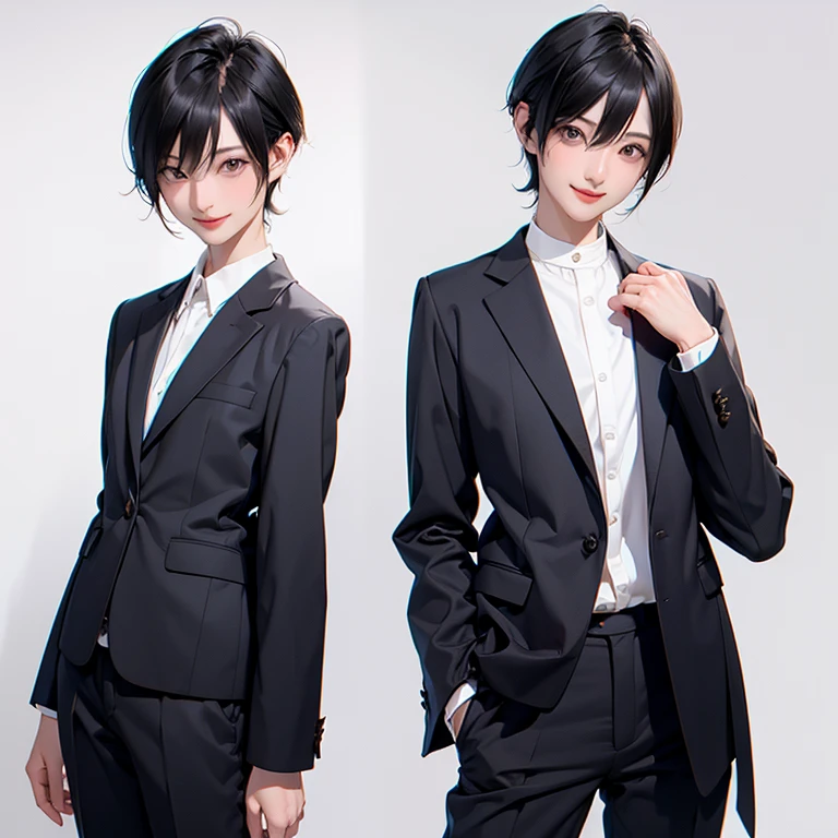 naked、nude、older sister、cool、smile、slender、Black Hair,、Short Hair、In a suit、pants、frontview
